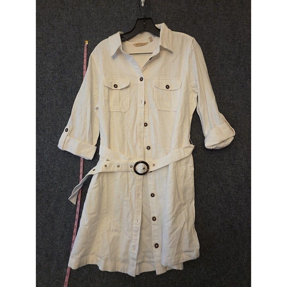 Soft Surroundings Dress Womens PL White Linen Belted Shirt Dress 3/4 Sleeve
